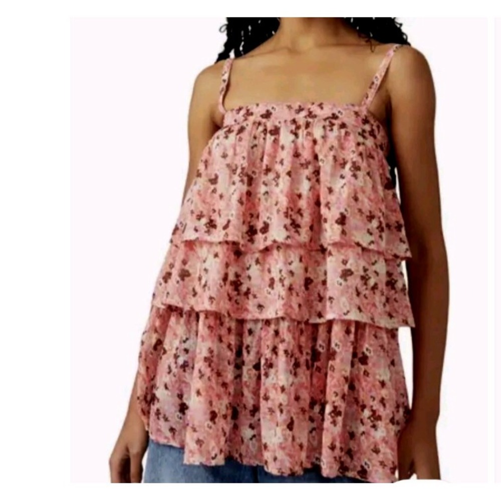 Free‎ People Top Women's Cotton Talia Tiered Tunic Tank Top Pink Combo XS